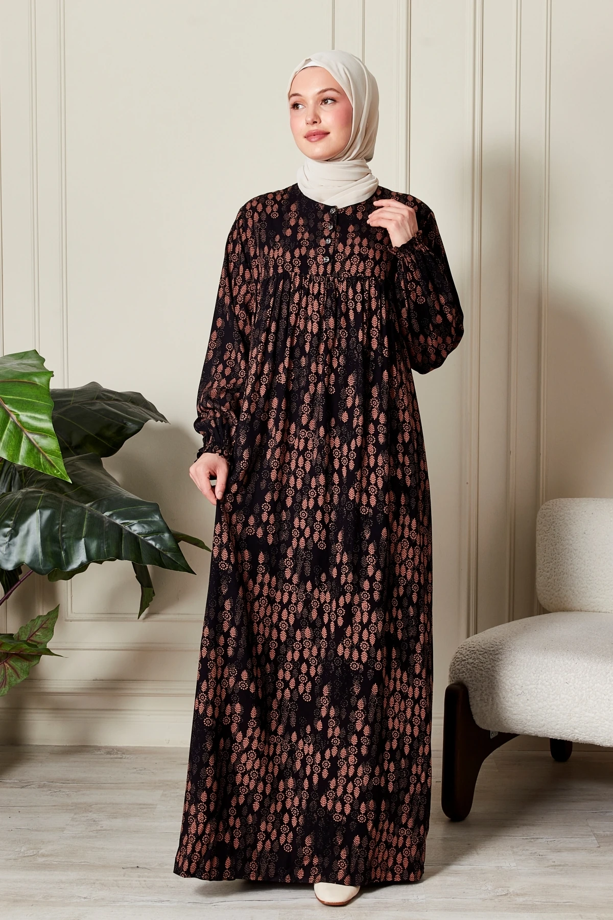 Büzgü Robadan Önü Düğmeli Viskon Kumaş Tessetür Giyim Anne Elbisesi Namaz Elbisesi