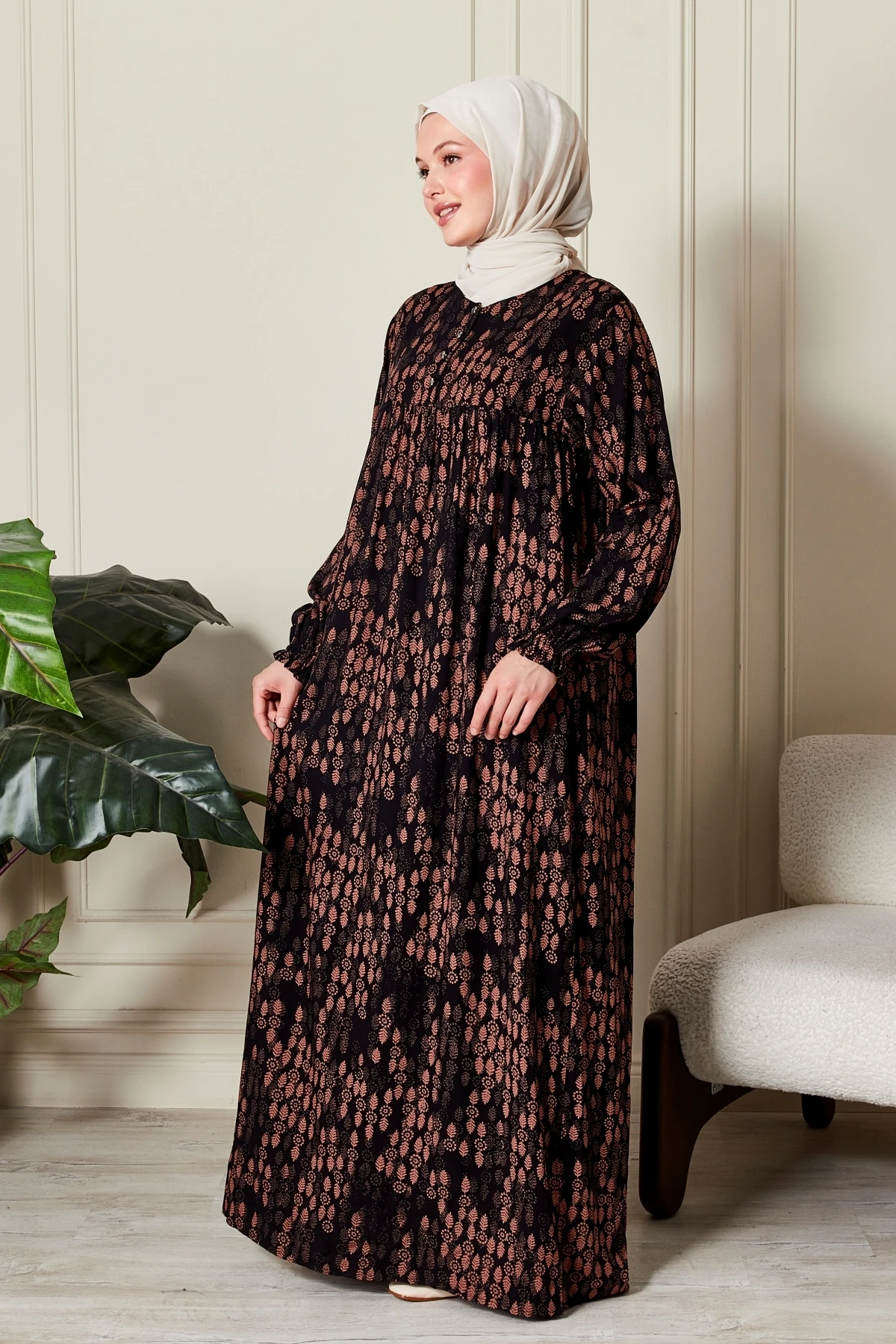 Büzgü Robadan Önü Düğmeli Viskon Kumaş Tessetür Giyim Anne Elbisesi Namaz Elbisesi