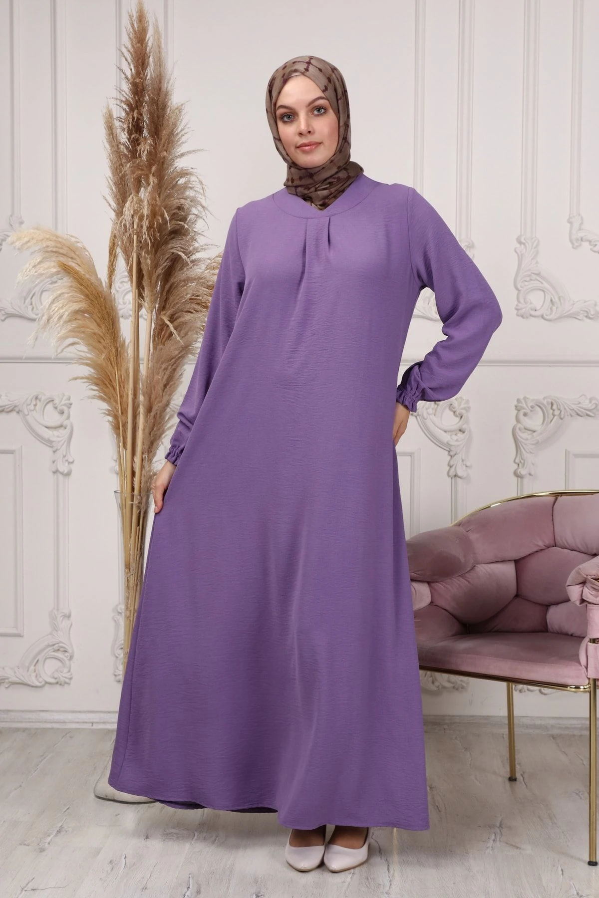 Hilal Yaka Düz Kesim Anne Tessettür Elbise Geniş Kalıp