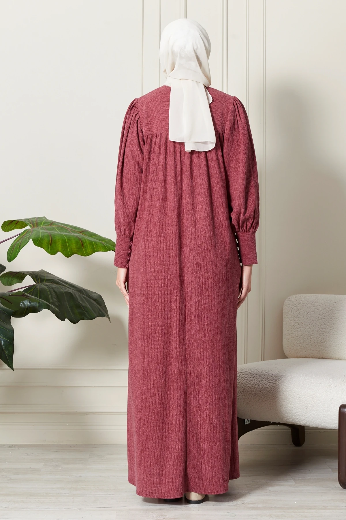 Fitilli Örgü İnce Kadife Kumaş Kemerli Kuşaklı Kışlık Göğüs Üstü Robadan Prenses Kol Tesettür Elbise