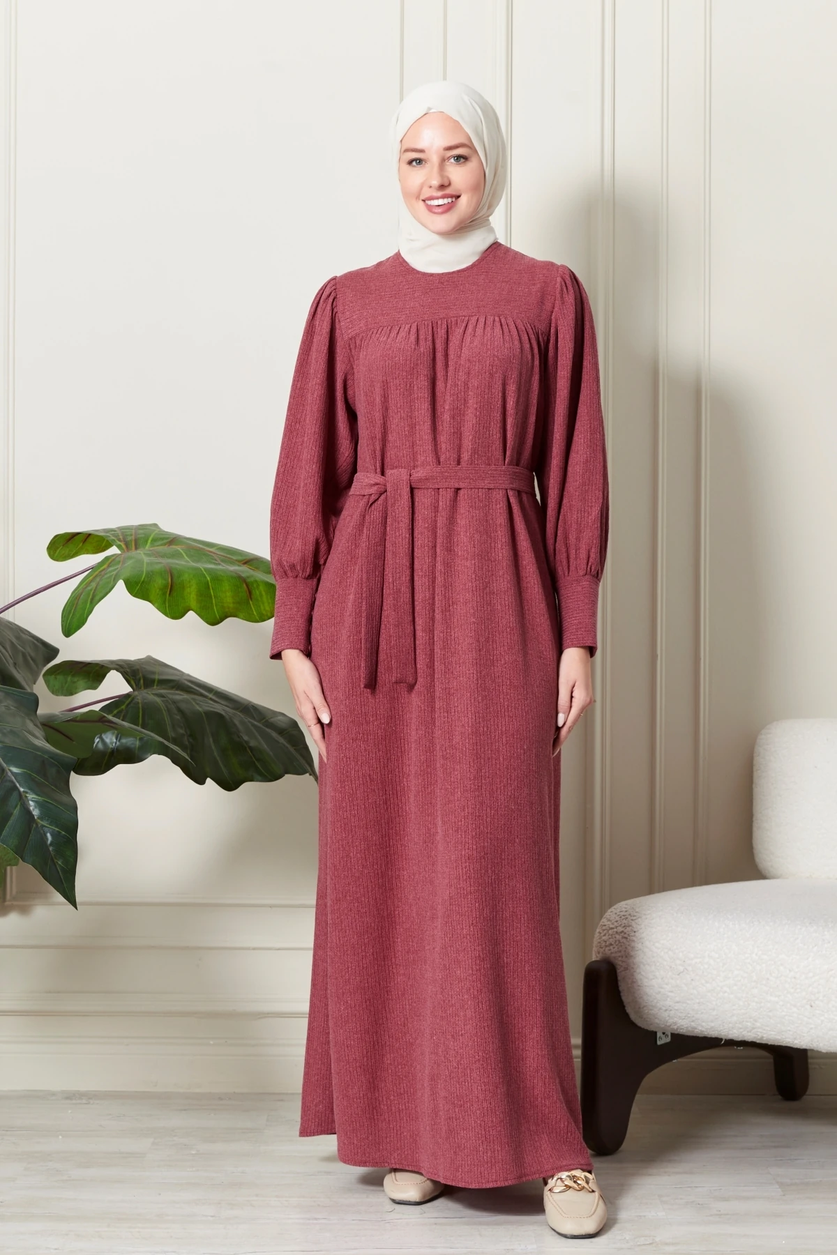 Fitilli Örgü İnce Kadife Kumaş Kemerli Kuşaklı Kışlık Göğüs Üstü Robadan Prenses Kol Tesettür Elbise