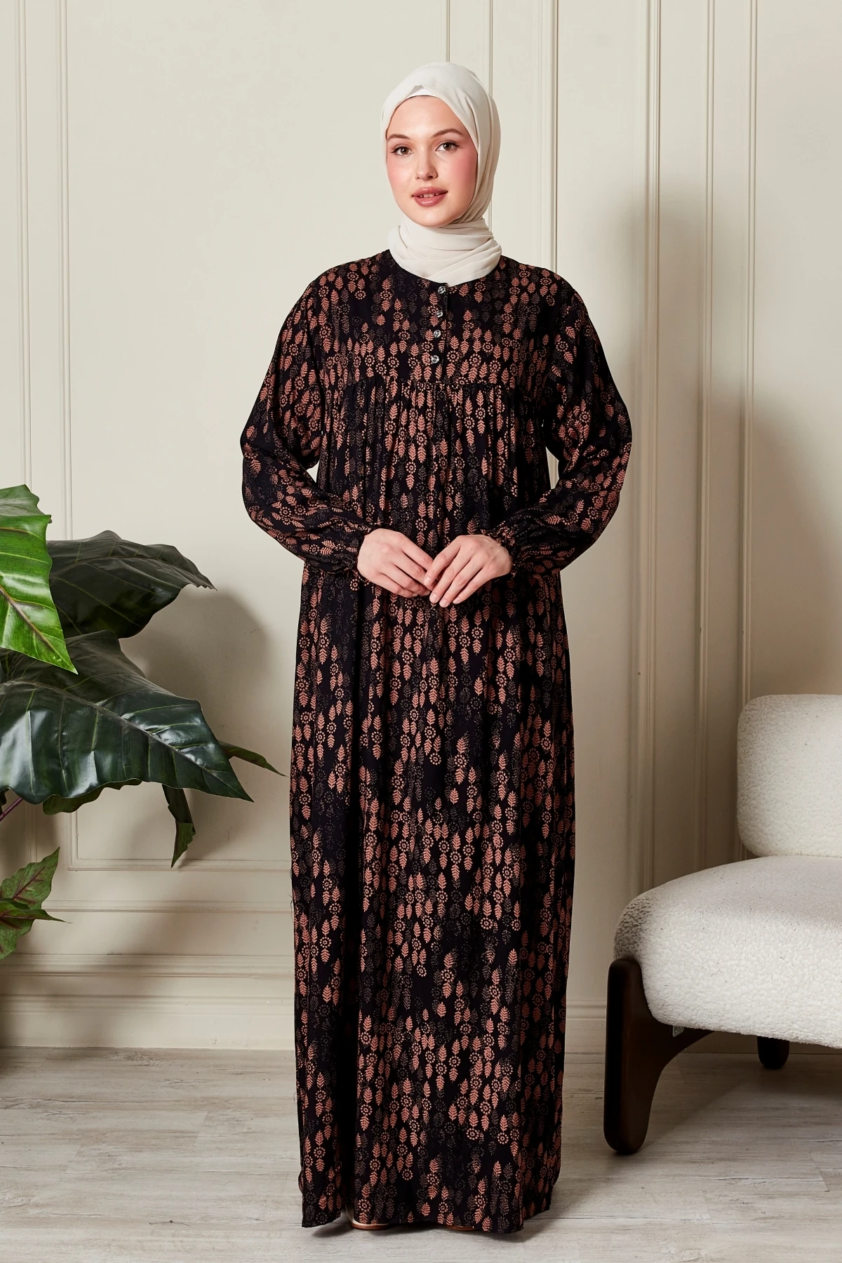 Büzgü Robadan Önü Düğmeli Viskon Kumaş Tessetür Giyim Anne Elbisesi Namaz Elbisesi