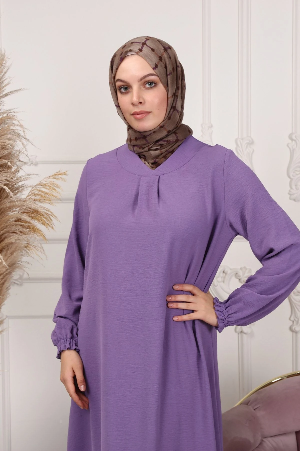 Hilal Yaka Düz Kesim Anne Tessettür Elbise Geniş Kalıp