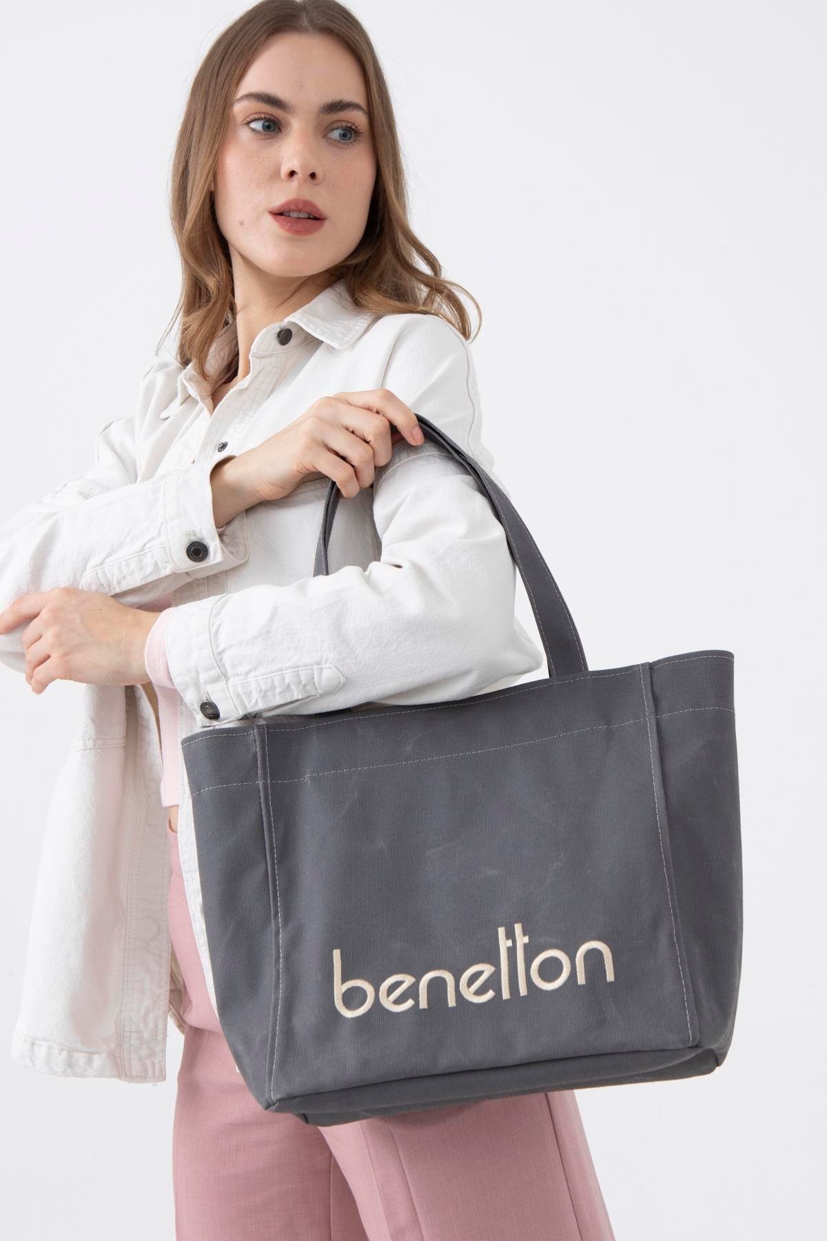 Benetton Büyük Boy Kanvas Kol Çantası Gri BNT 1163