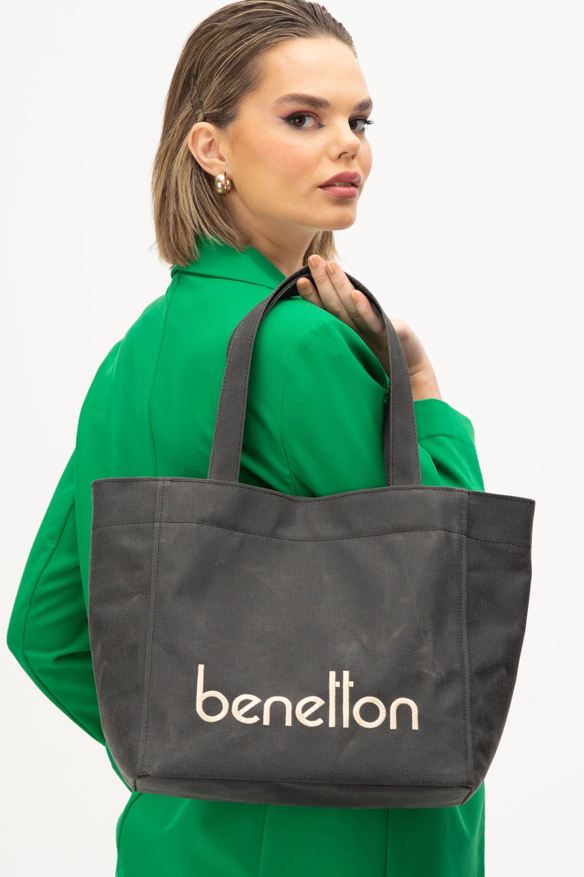 Benetton Büyük Boy Kanvas Kol Çantası Siyah BNT 1163