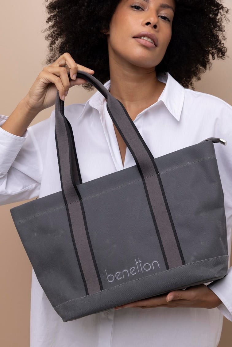Benetton Büyük Boy Kanvas Kol Çantası Lacivert BNT 1411