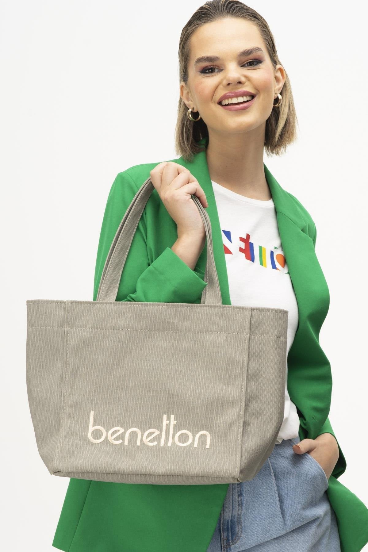 Benetton Büyük Boy Kanvas Kol Çantası Taş BNT 1163