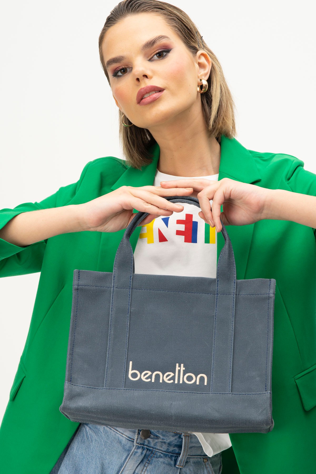 Benetton Kanvas El Çantası Lacivert BNT 1373