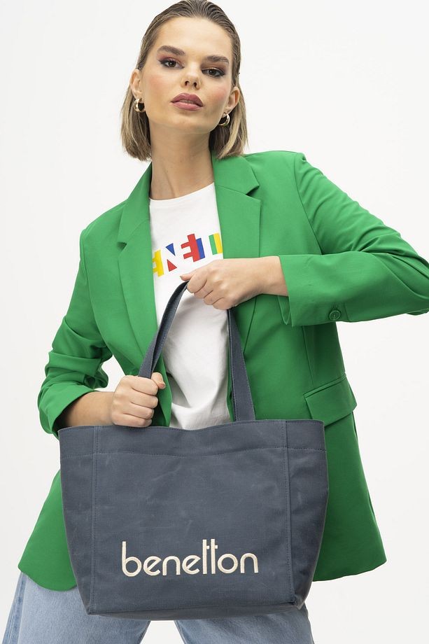 Benetton Büyük Boy Kanvas Kol Çantası Gri BNT 1163