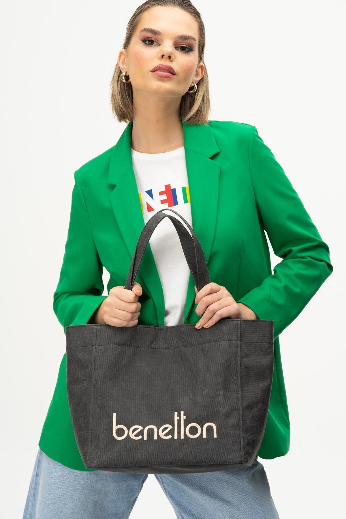 Benetton Büyük Boy Kanvas Kol Çantası Siyah BNT 1163