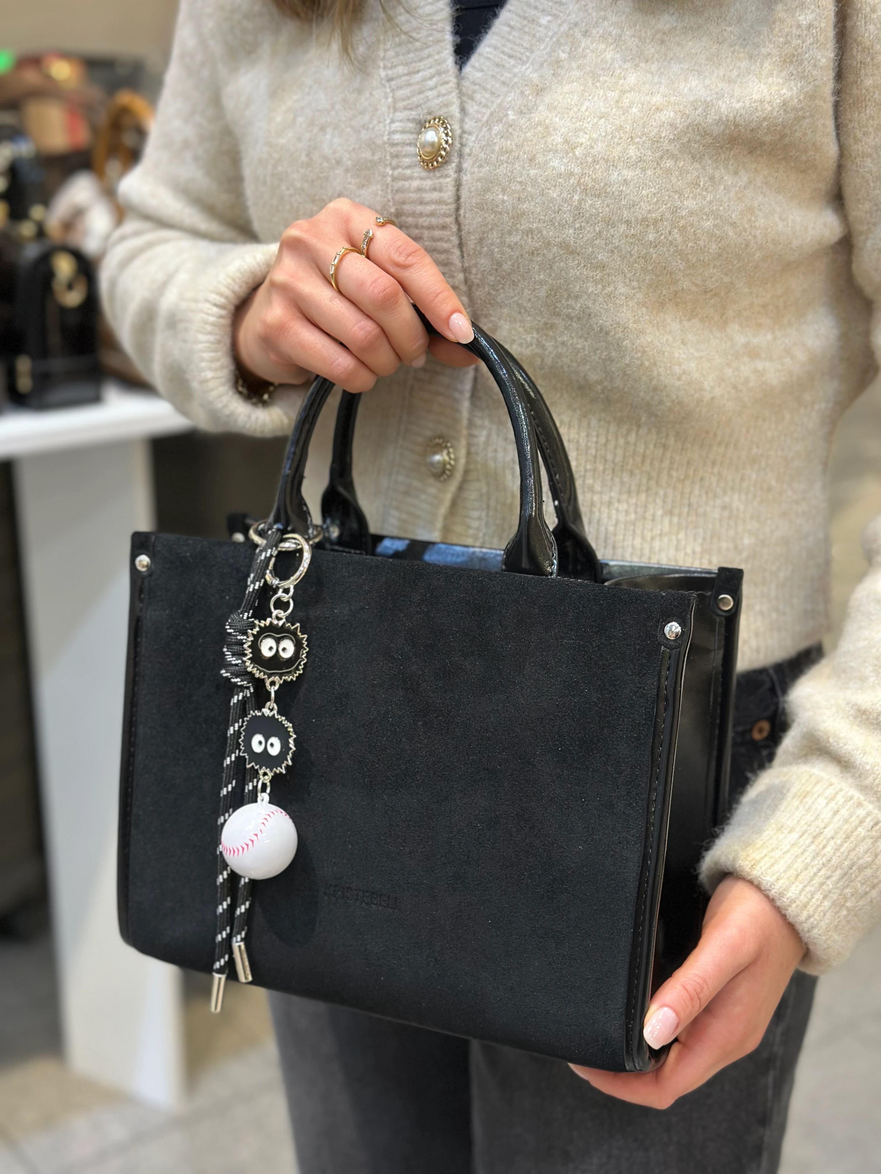 Krıste Bell Hakiki Süet Siyah El Çantası 