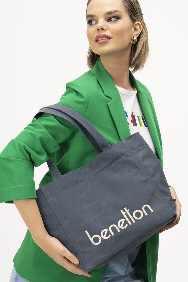 Benetton Büyük Boy Kanvas Kol Çantası Gri BNT 1163
