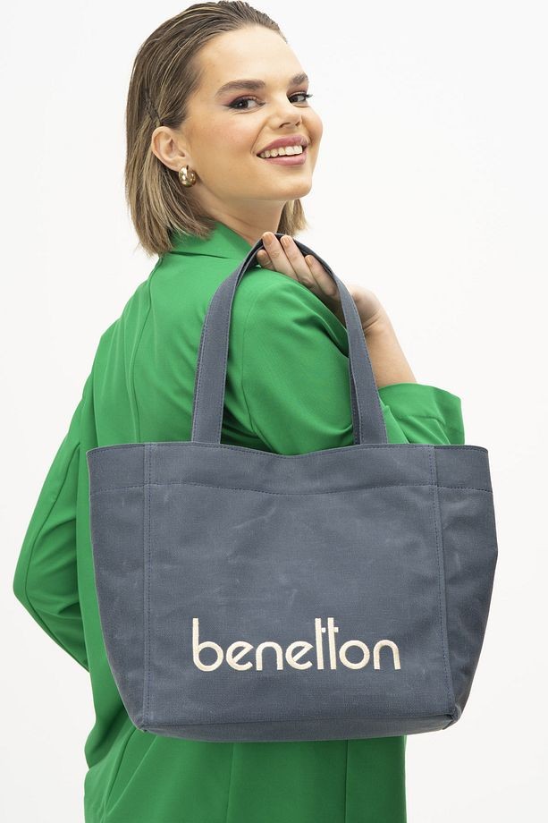 Benetton Büyük Boy Kanvas Kol Çantası Gri BNT 1163