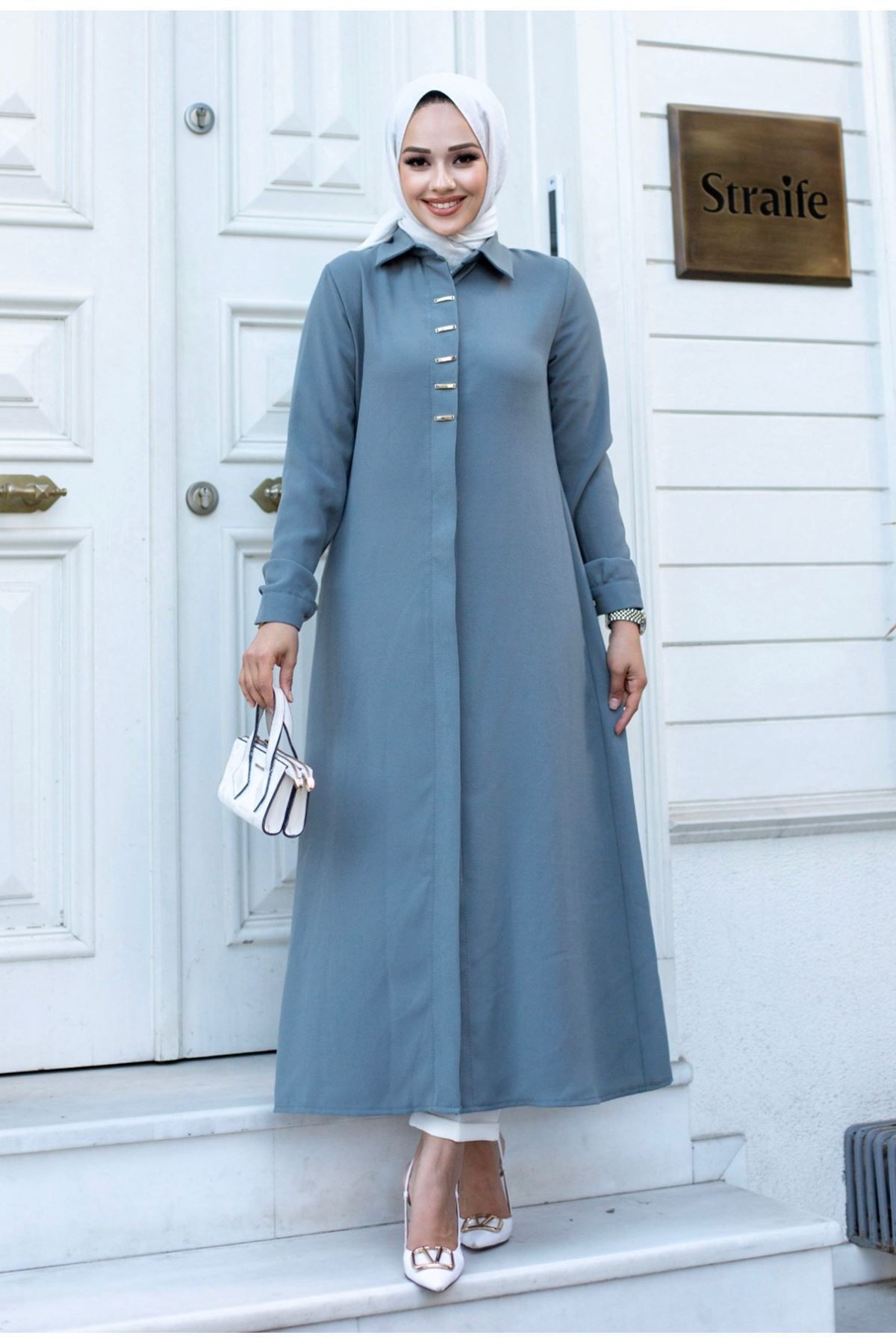 Önleri Toka Detaylı Gizli Düğmeli Uzun Ferace Tunik - mint yeşili-5420