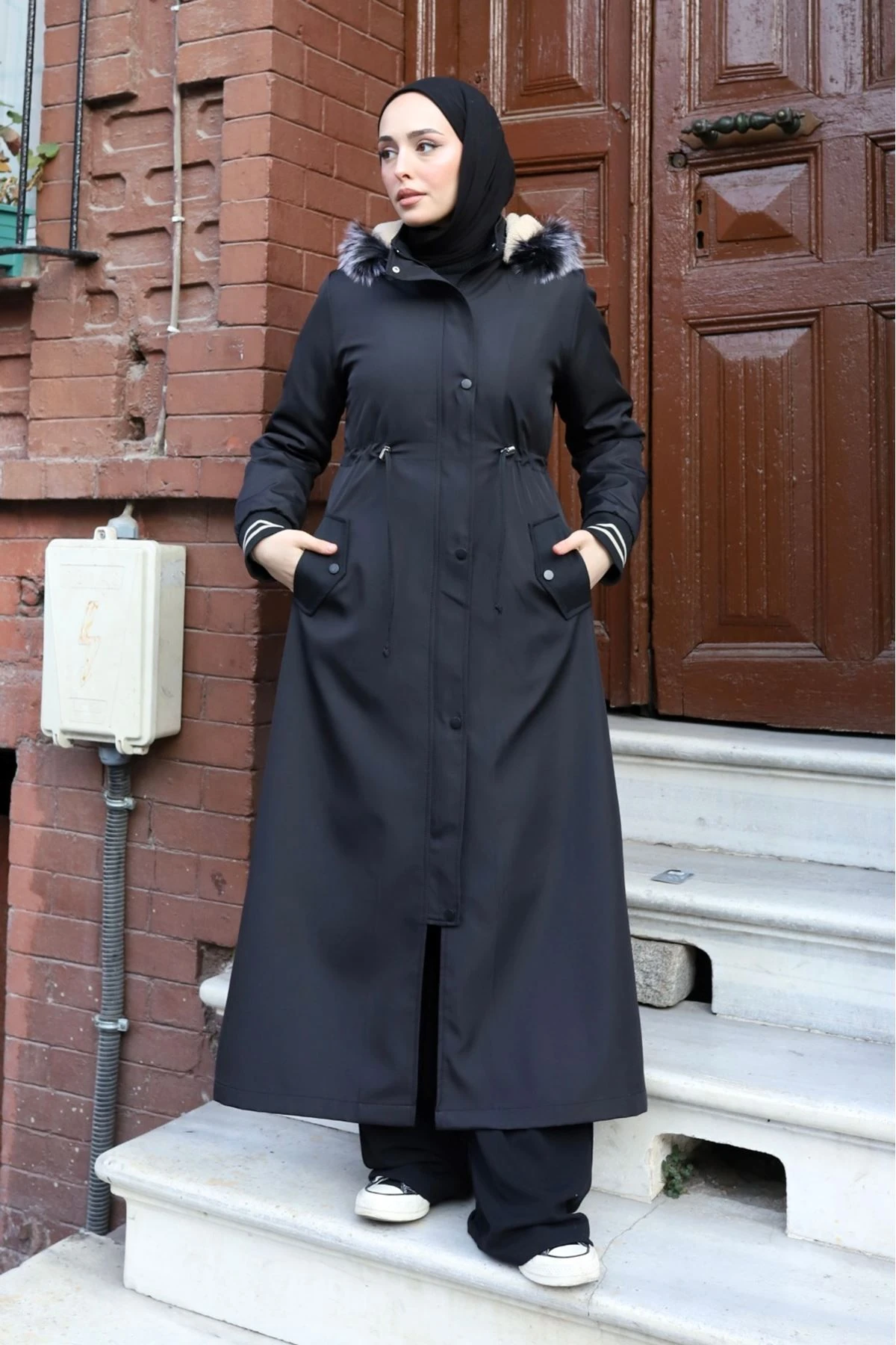 Çıkarılabilir Kapüşonlu İçi Kürklü Kışlık Tam Boy Uzun Pardesü Mont Kaban