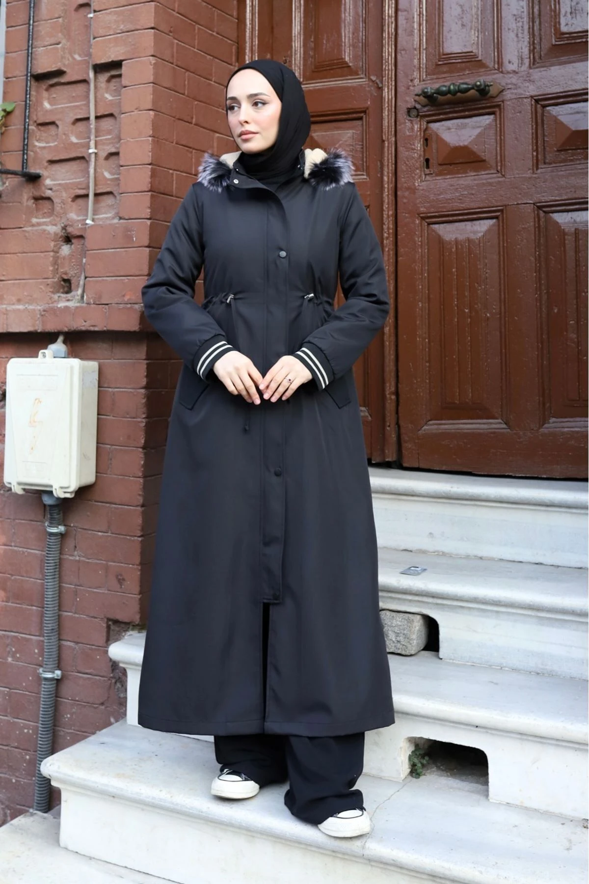 Çıkarılabilir Kapüşonlu İçi Kürklü Kışlık Tam Boy Uzun Pardesü Mont Kaban