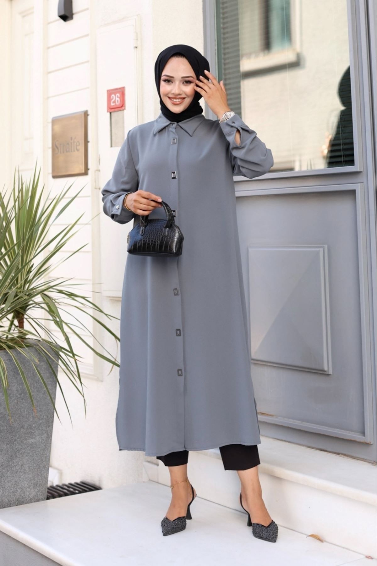 Kare Çıt Çıt Düğmeli Uzun Tesettür Tunik - gri-6151