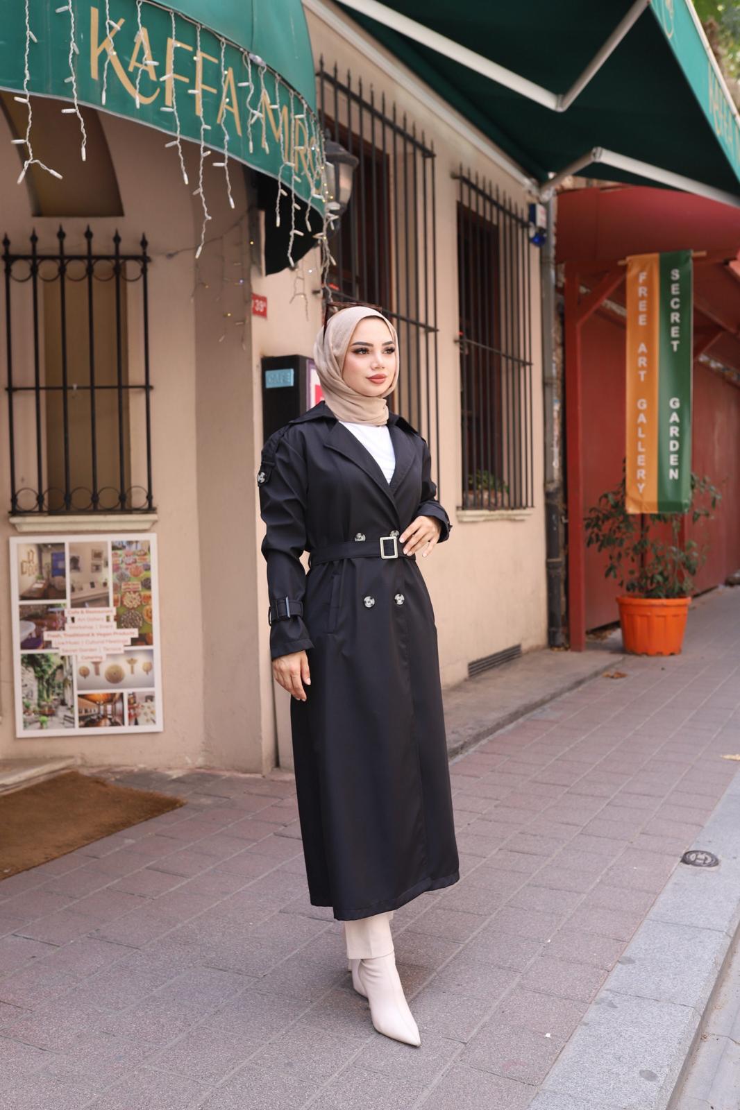  Kolları Kemer Detaylı Astarlı Trençkot