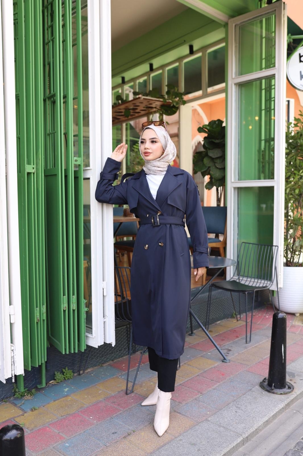  Kolları Kemer Detaylı Astarlı Trençkot - lacivert-4909