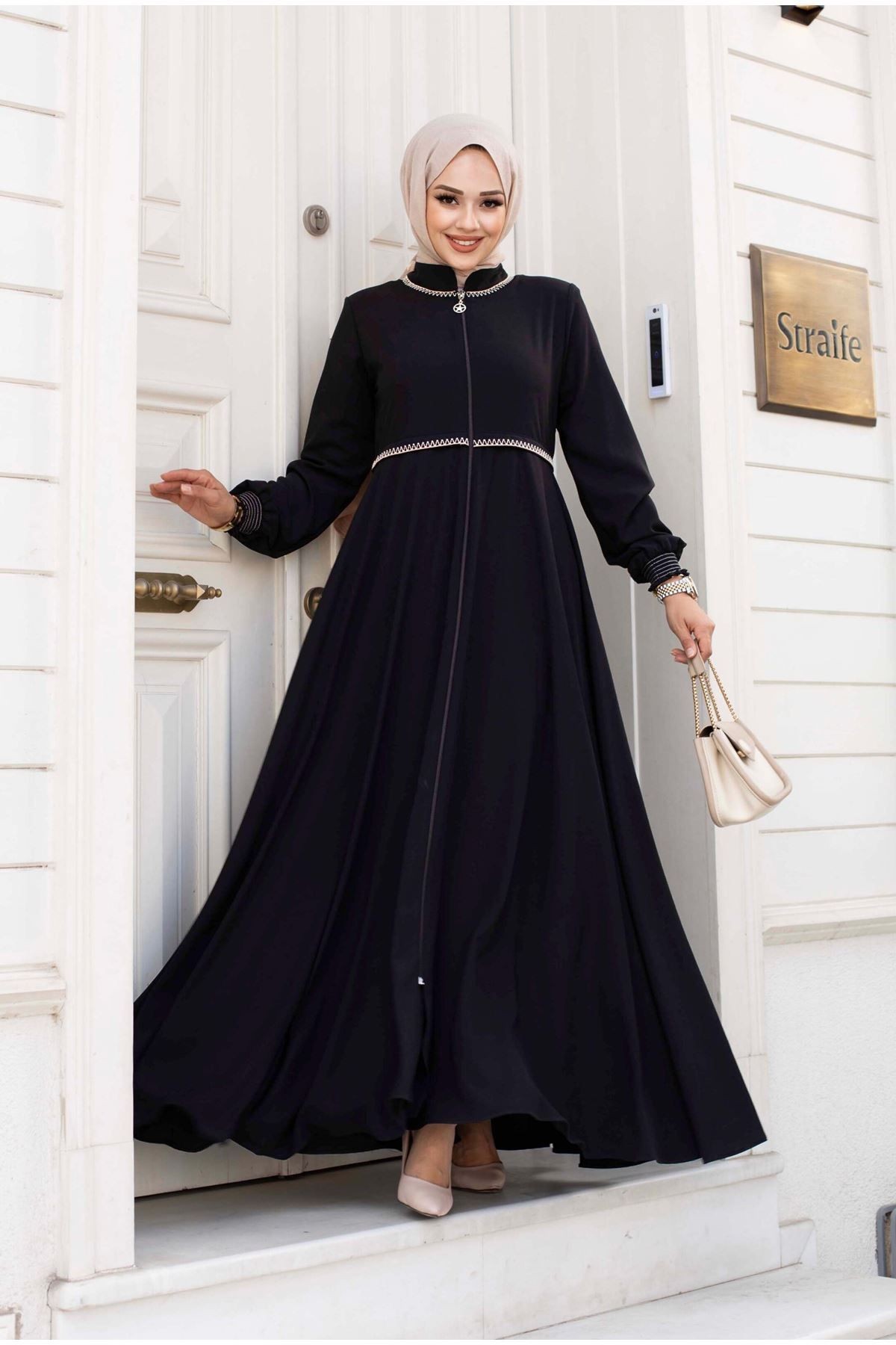 Beli Çizgi Detaylı Mevlana Model Tesettür Ferace - siyah-5724