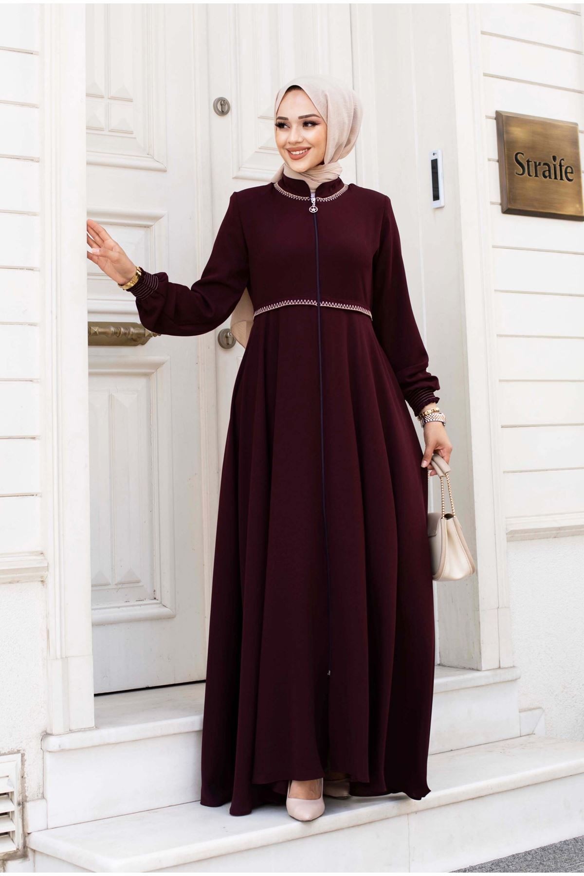 Beli Çizgi Detaylı Mevlana Model Tesettür Ferace - mürdüm-5736