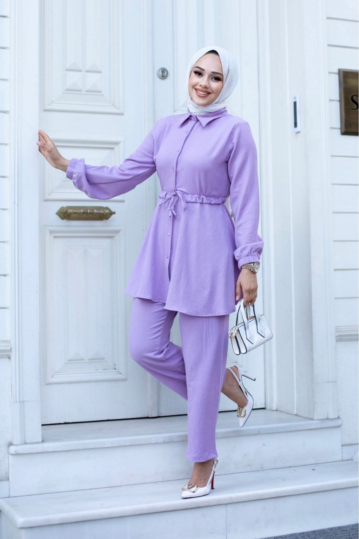 Önü Düğme Detaylı Gömlek Yaka Bürümcük Takım - lila-5371