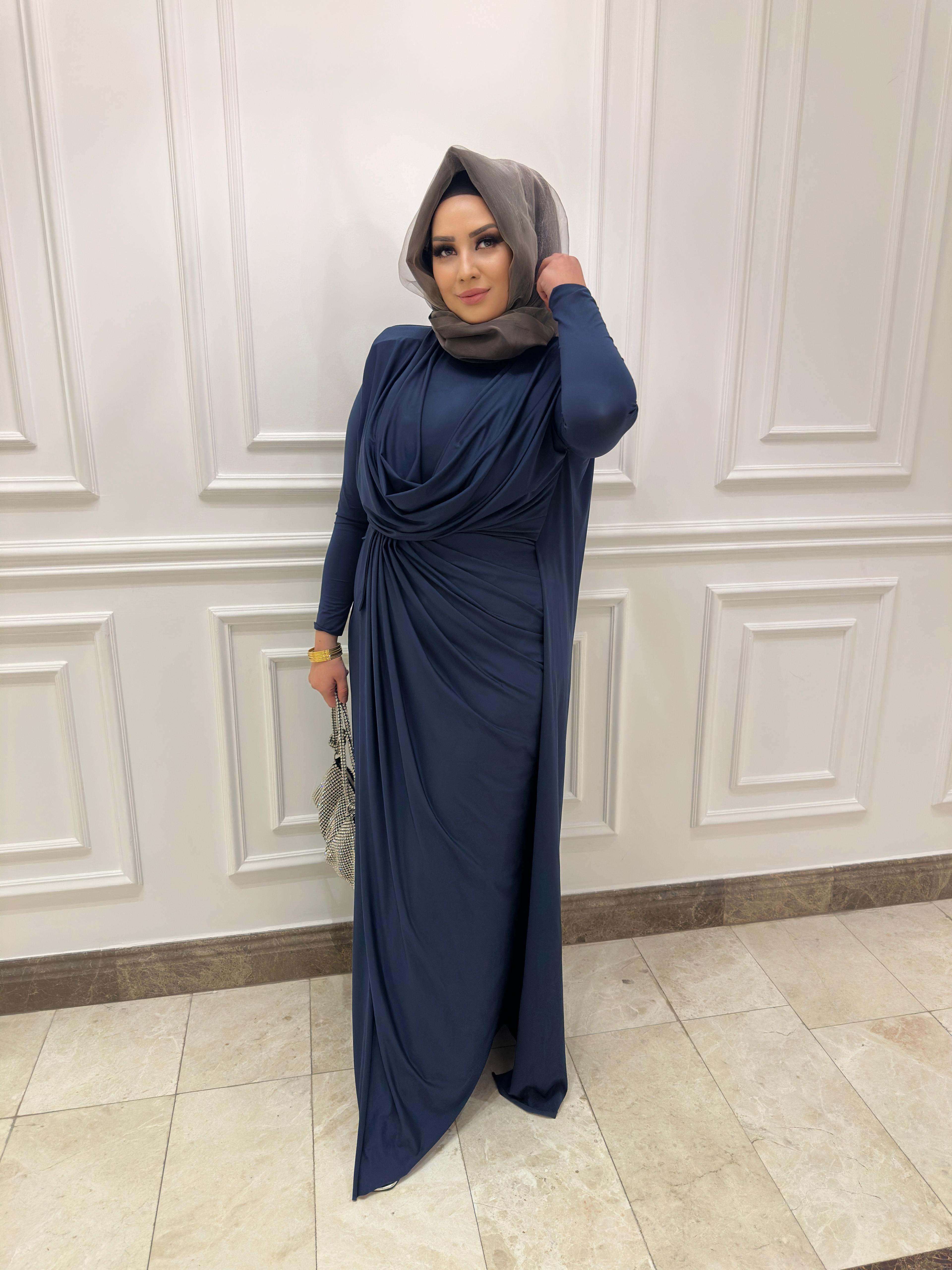 HİLAL OĞUZKAN VATKA DETAYLI DEGAJE YAKA ELBİSE 9128