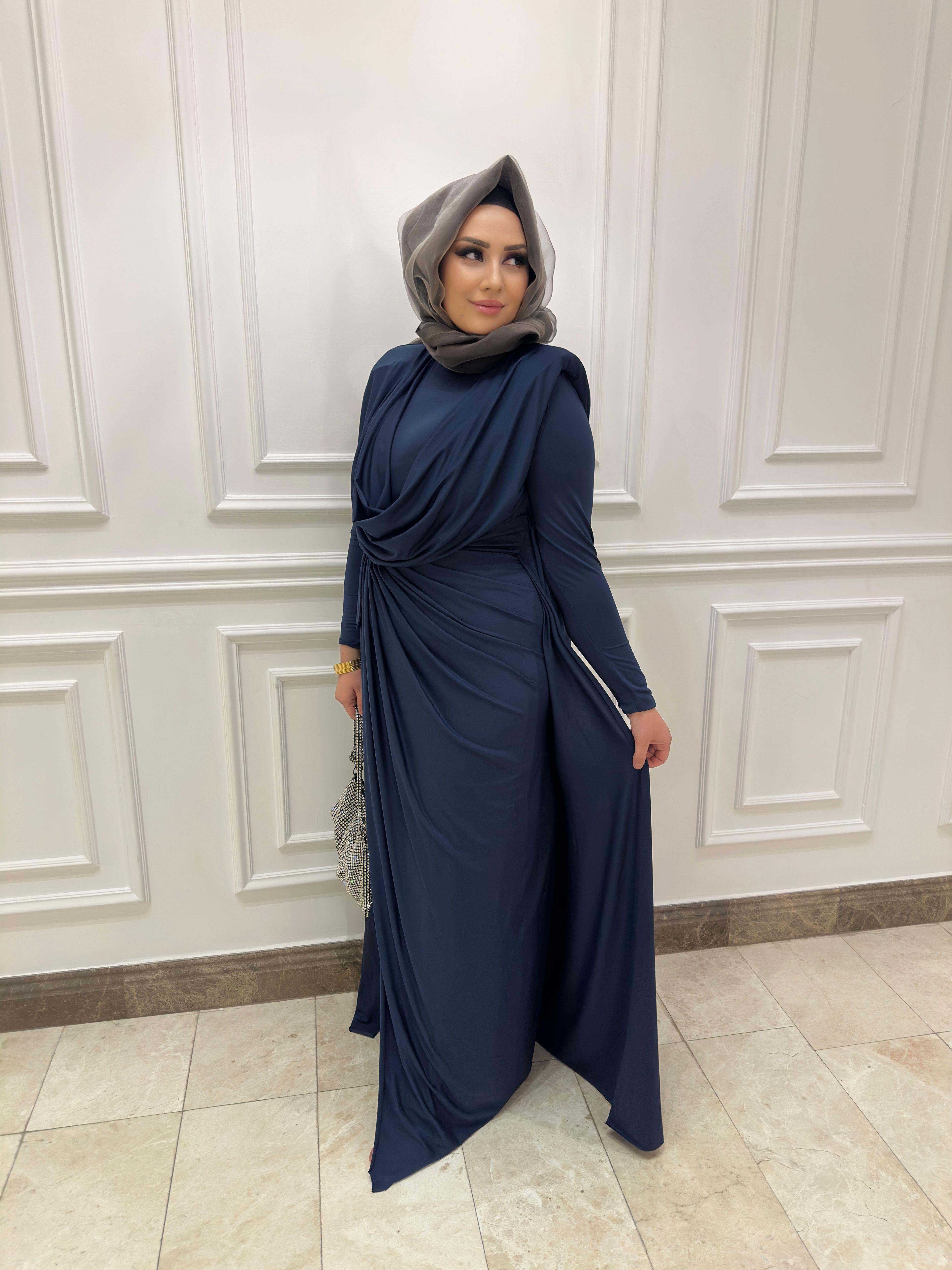 HİLAL OĞUZKAN VATKA DETAYLI DEGAJE YAKA ELBİSE 9128