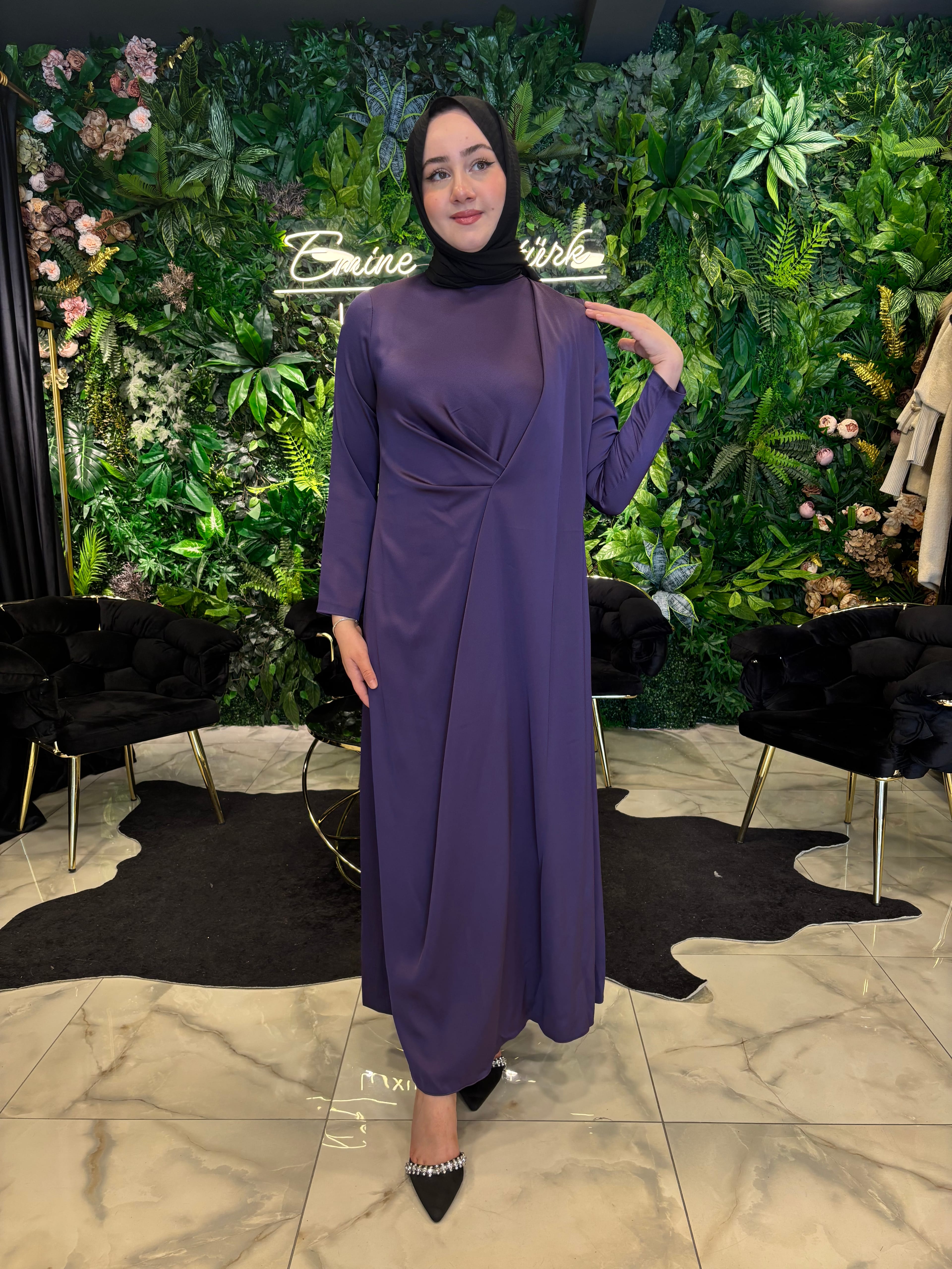 HİLAL OĞUZKAN BELDEN TOPLAMALI ARKASI PARÇALI ŞIK ELBİSE 9160 - MOR