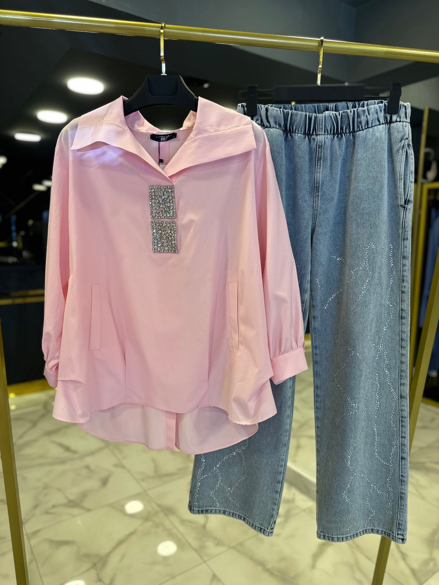 MY312 KARE TAŞLI GÖMLEK 8605 - PEMBE