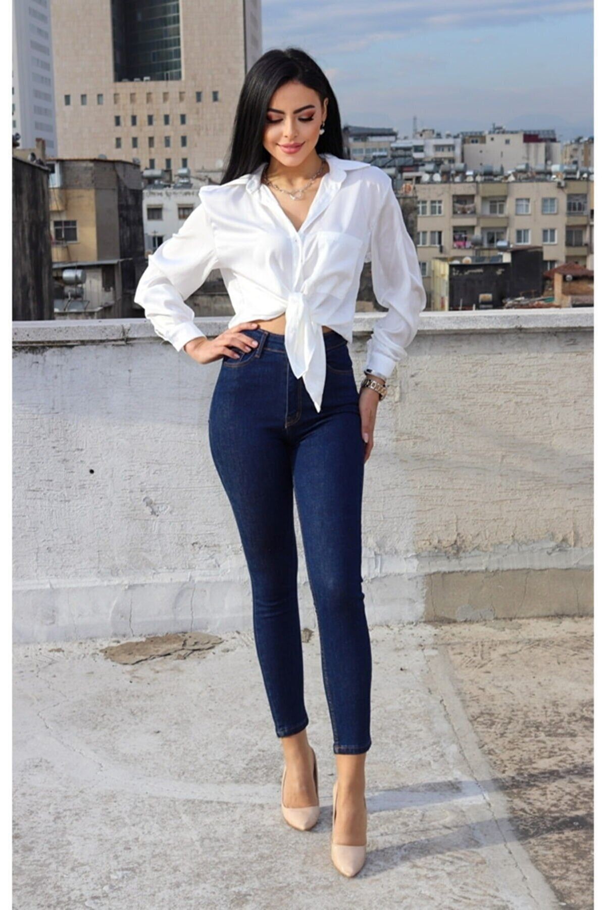 Kadın Mavi Yüksel Bel Bilek Boy Dar Paça Skinny Likralı Kot Pantalon