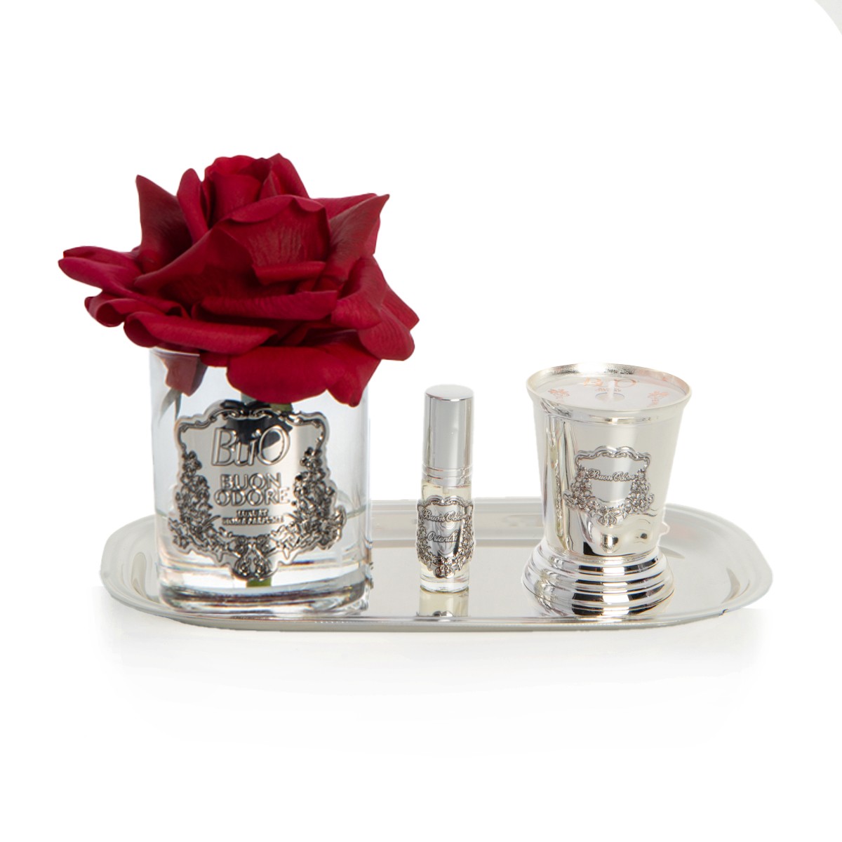Silver Pirinç Mum ve Gül Set Luxury Home Perfume - kırmızı