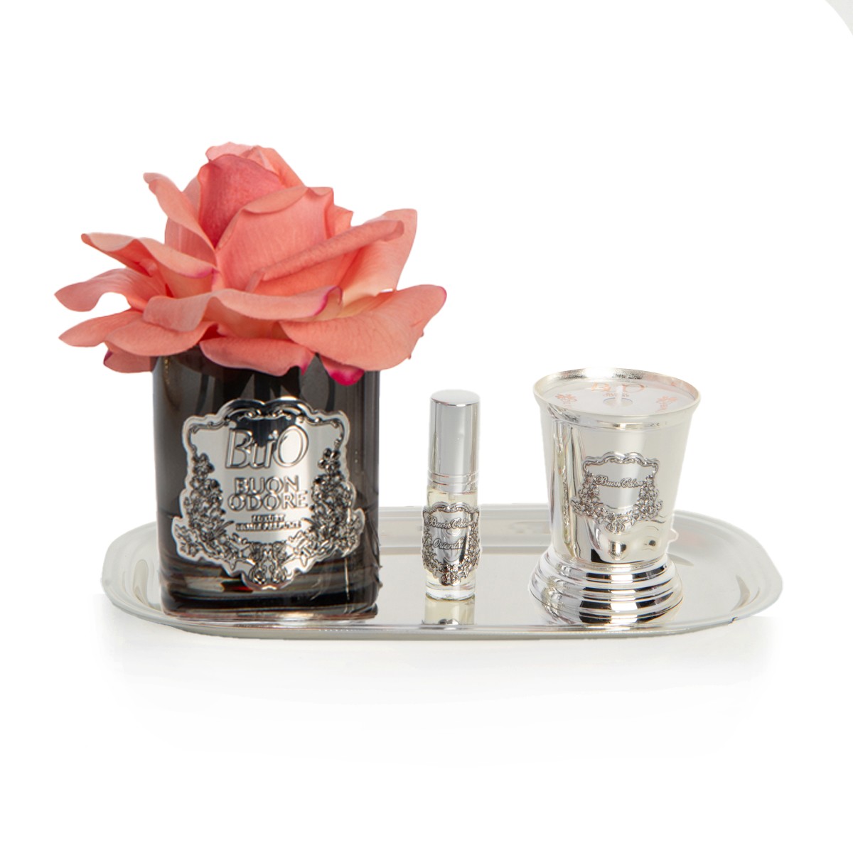 Füme Cam Silver Pirinç Mum ve Gül Set Luxury Home Perfume - mercan