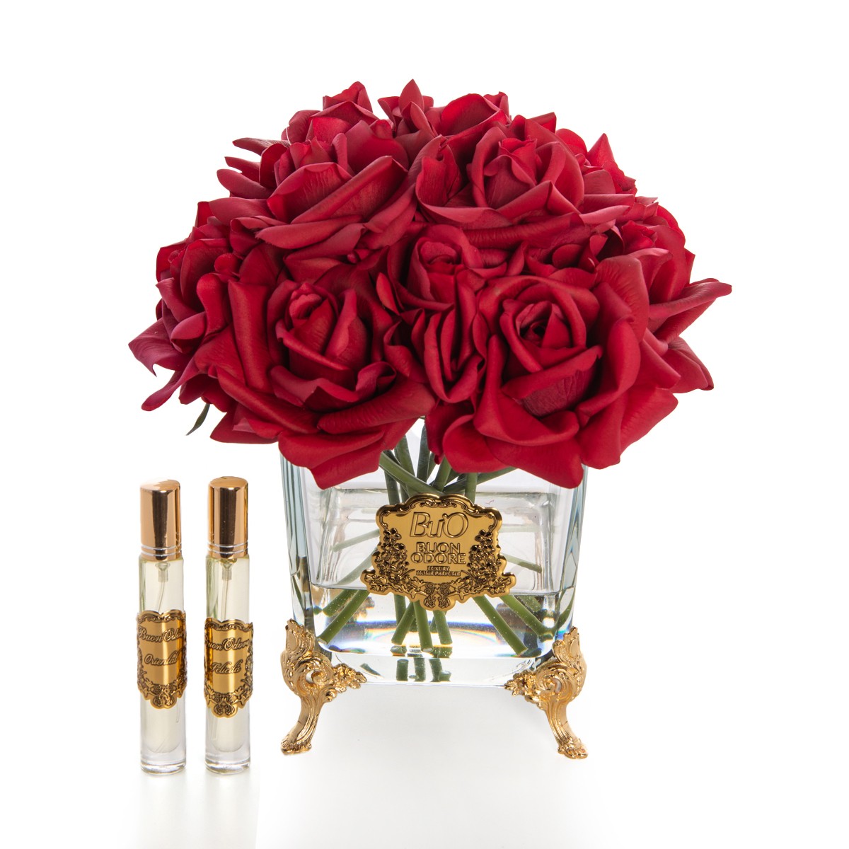 Pirinç Ayaklı Cam Gold Gül Luxury Home Perfume - kırmızı