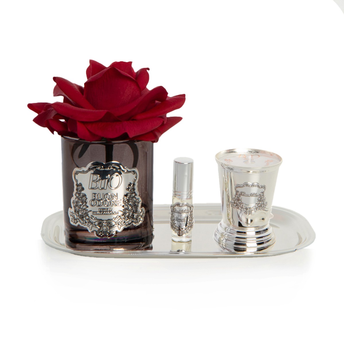 Füme Cam Silver Pirinç Mum ve Gül Set Luxury Home Perfume - kırmızı