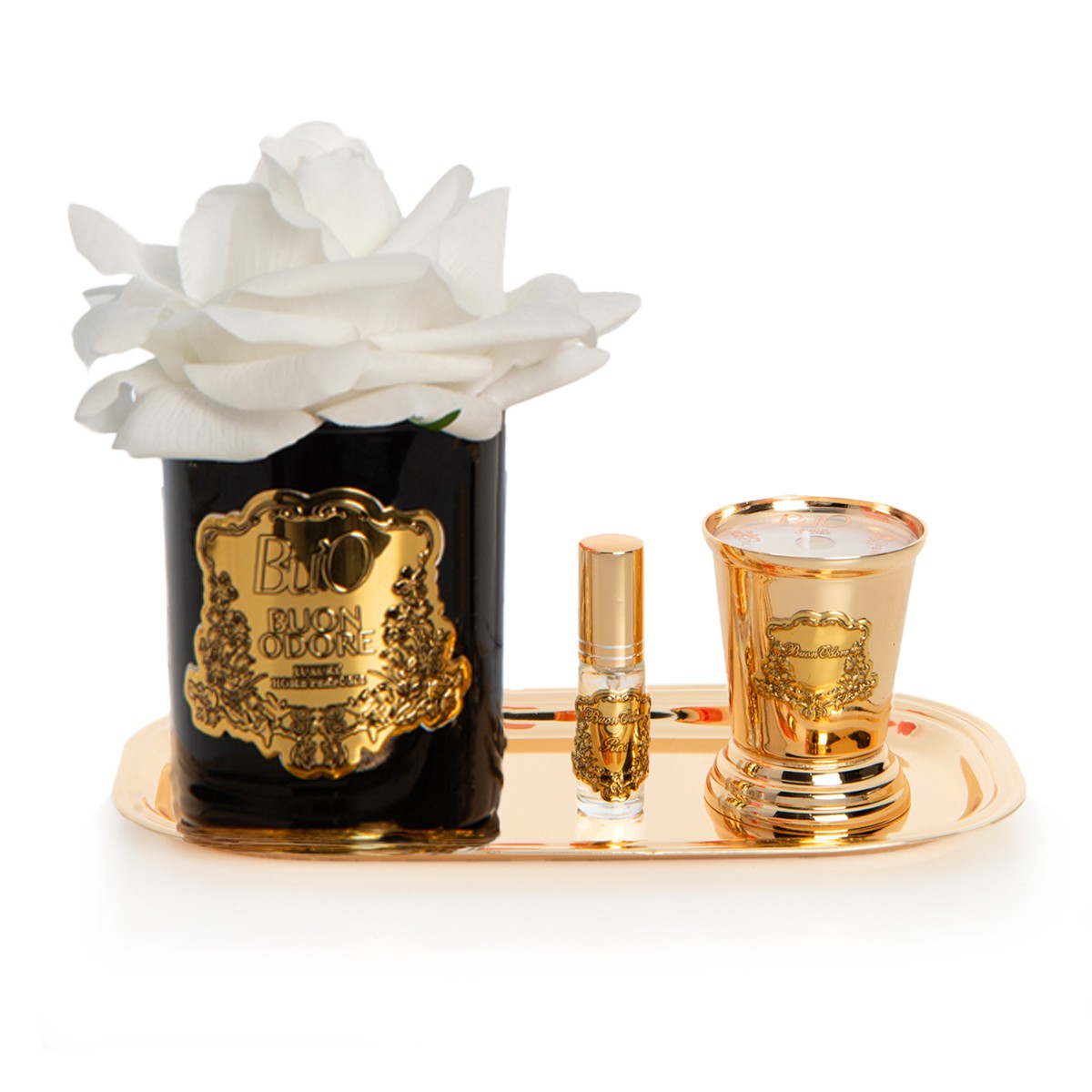 Siyah Cam Gold Pirinç Mum ve Gül Set Luxury Home Perfume - beyaz