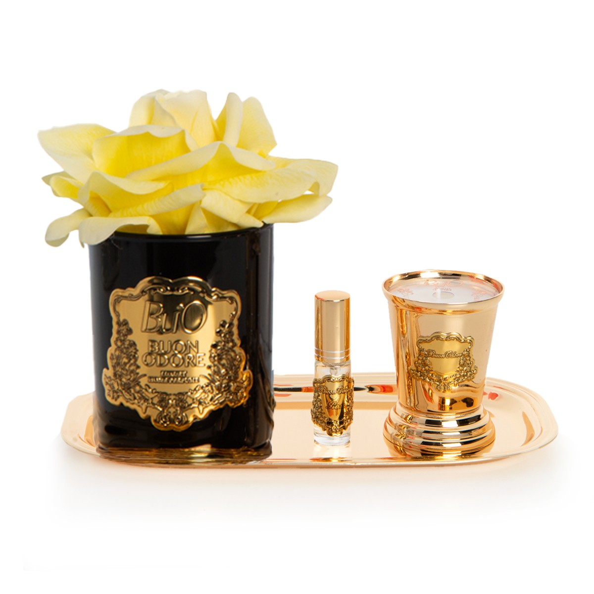 Siyah Cam Gold Pirinç Mum ve Gül Set Luxury Home Perfume - sarı