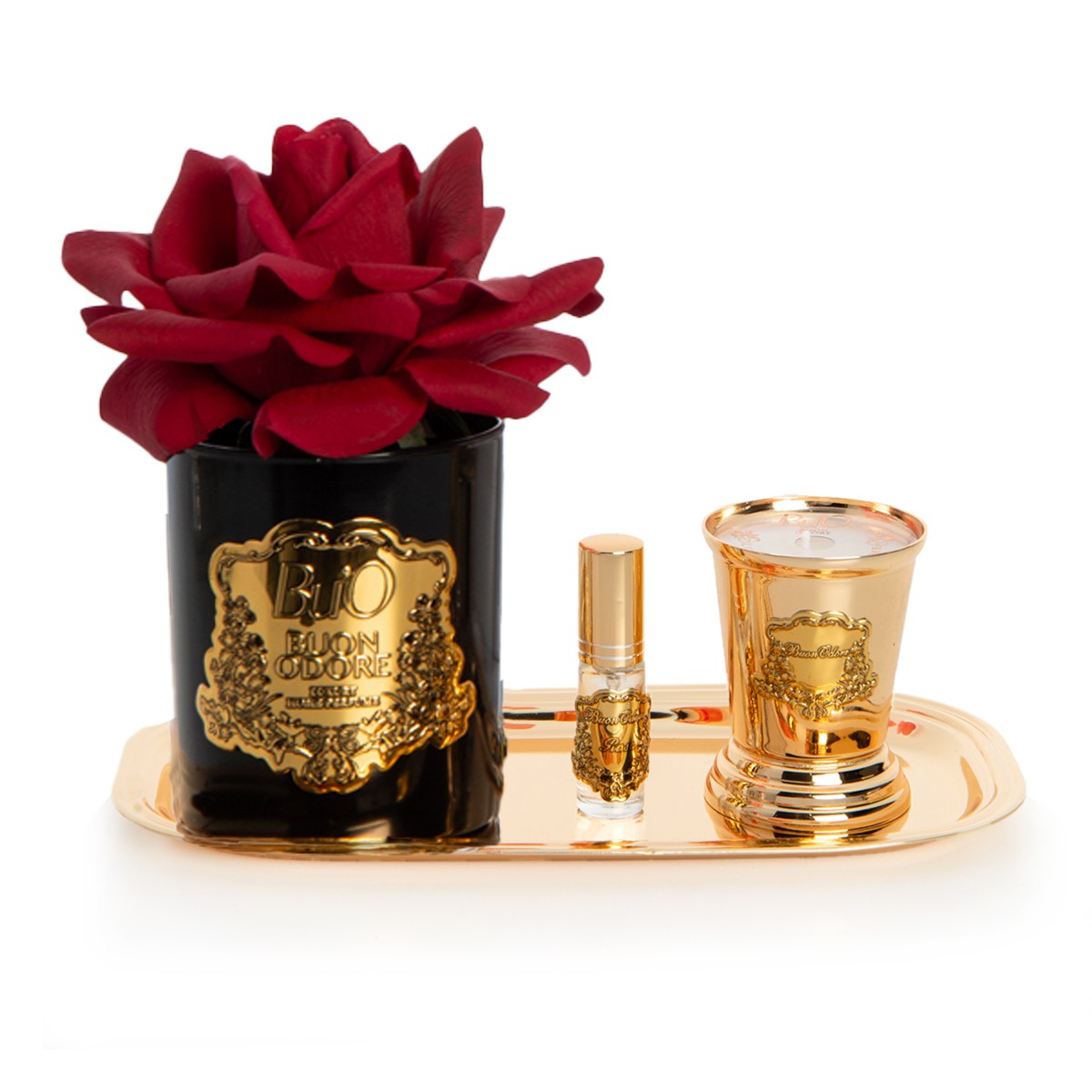 Siyah Cam Gold Pirinç Mum ve Gül Set Luxury Home Perfume - kırmızı
