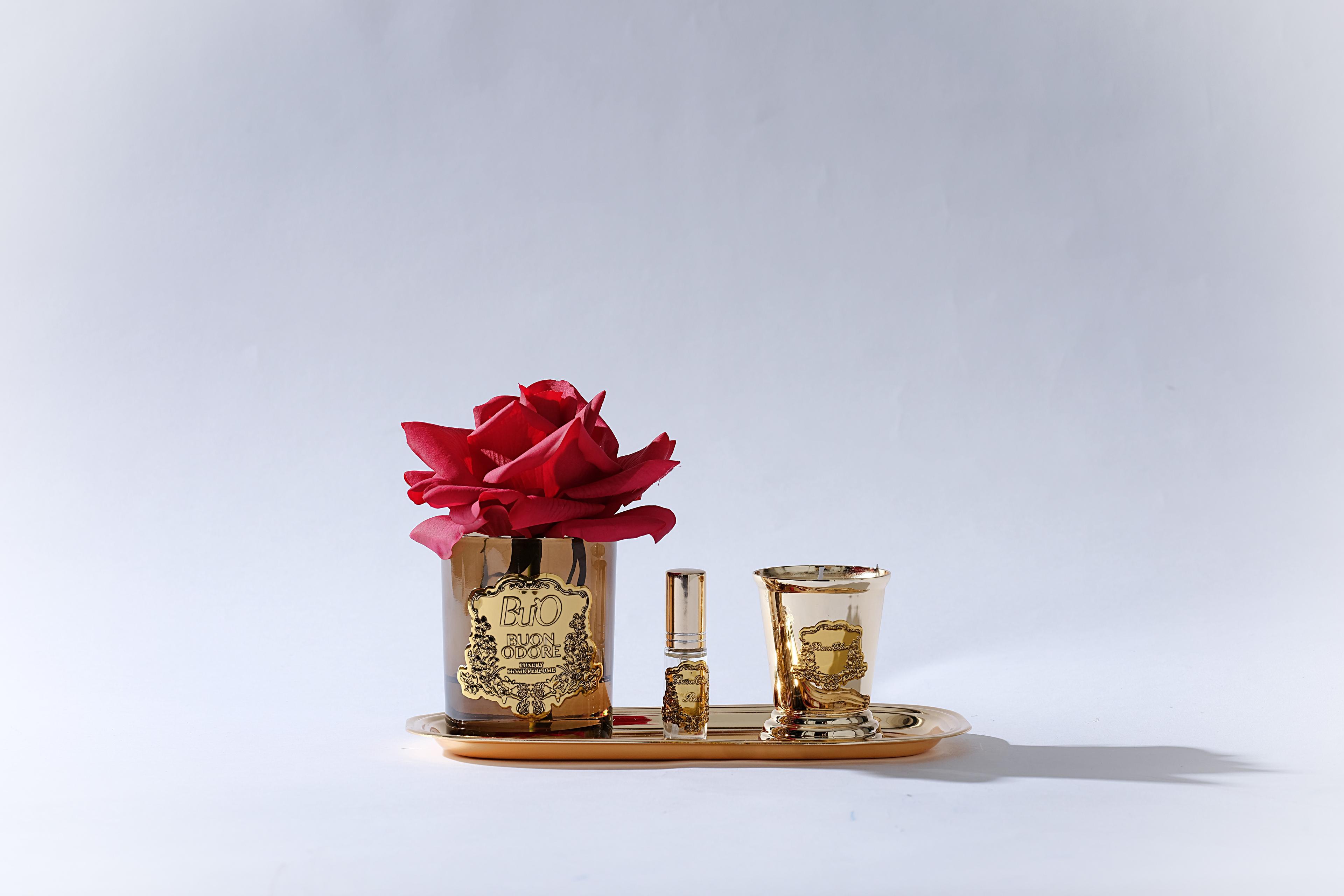 Amber Cam Gold Pirinç Mum ve Gül Set Luxury Home Perfume - kırmızı