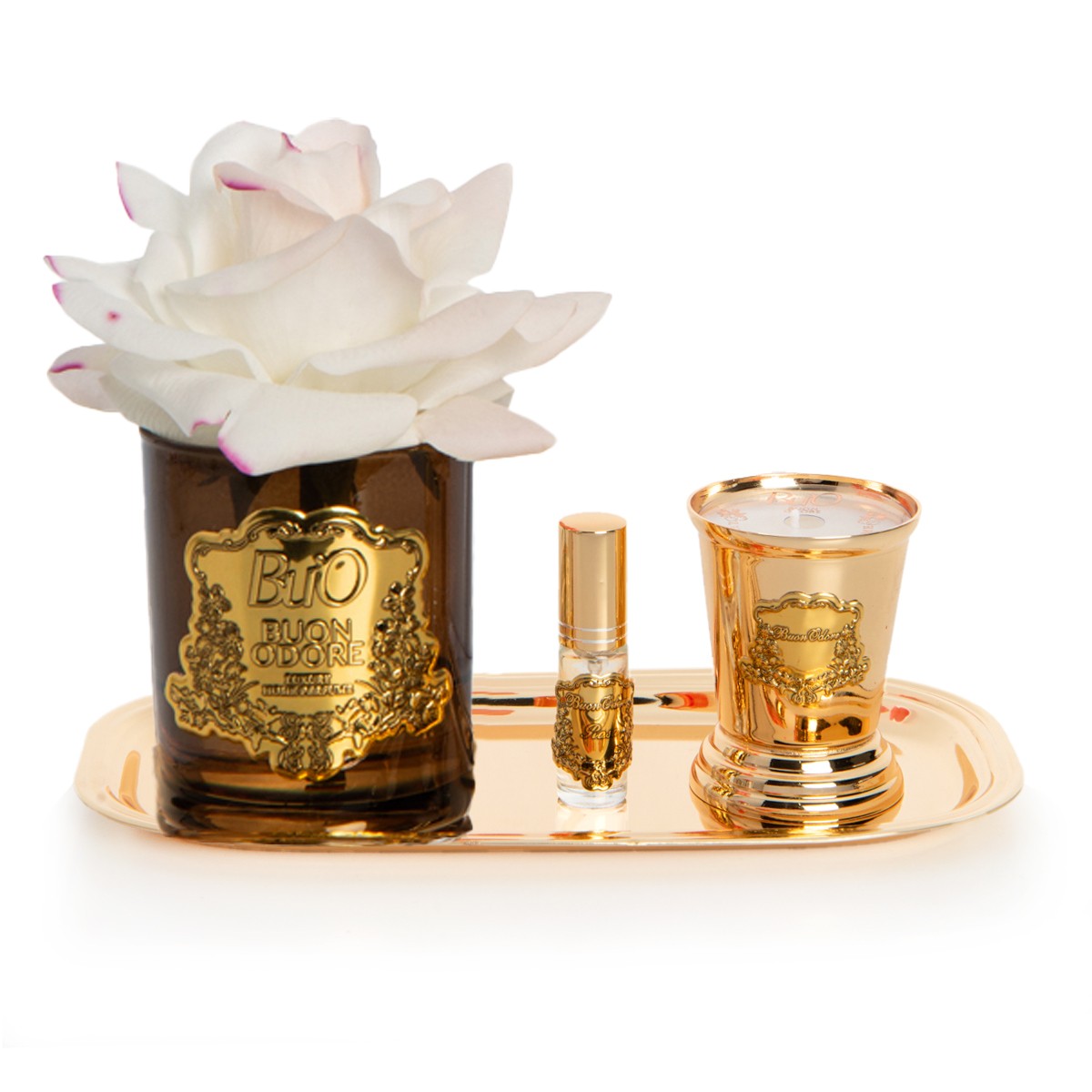 Amber Cam Gold Pirinç Mum ve Gül Set Luxury Home Perfume - allıklı
