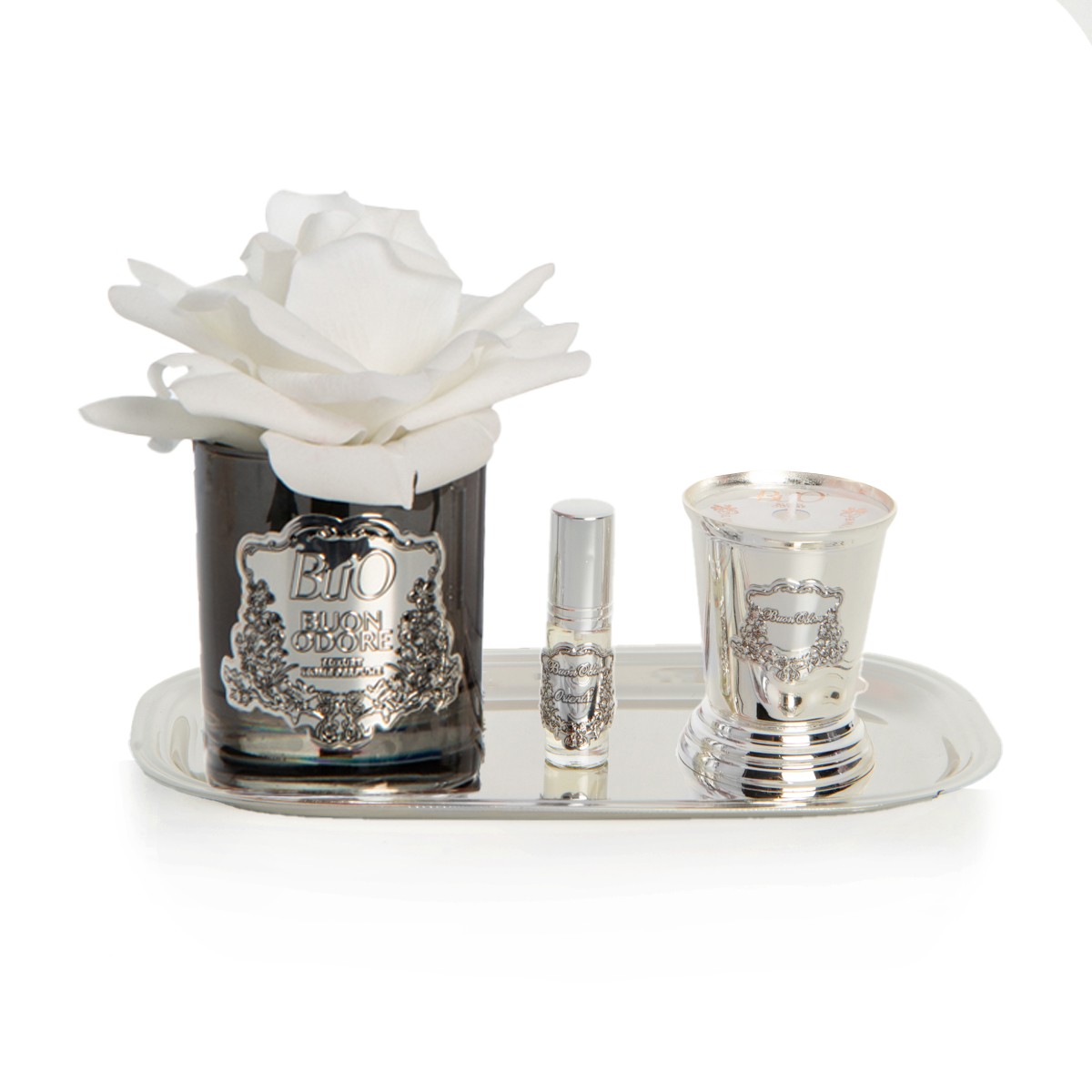 Füme Cam Silver Pirinç Mum ve Gül Set Luxury Home Perfume - beyaz