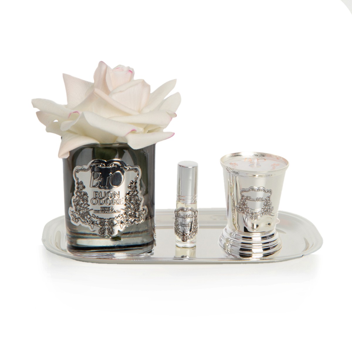 Füme Cam Silver Pirinç Mum ve Gül Set Luxury Home Perfume - allıklı