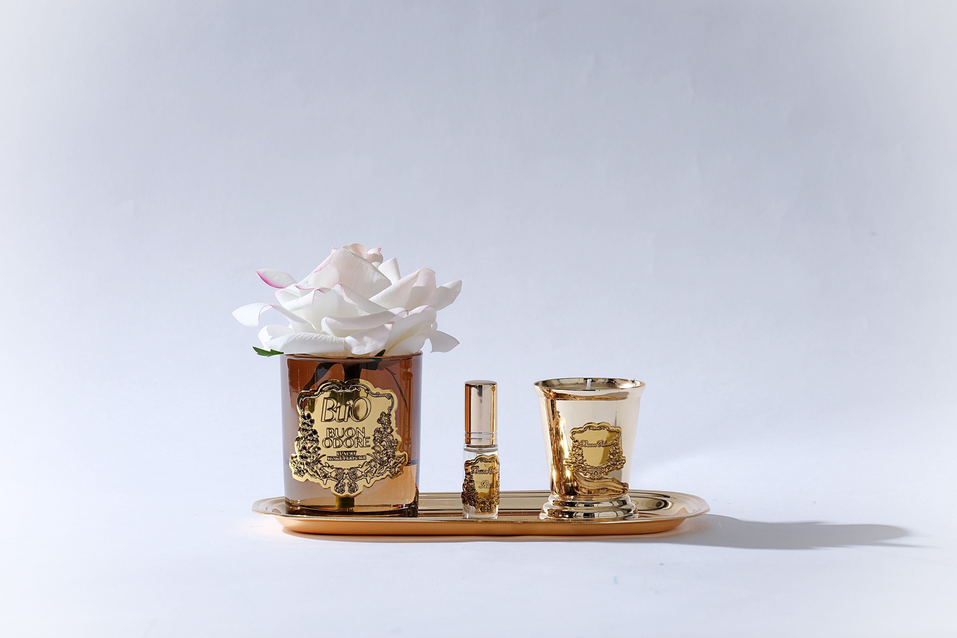 Amber Cam Gold Pirinç Mum ve Gül Set Luxury Home Perfume - allıklı