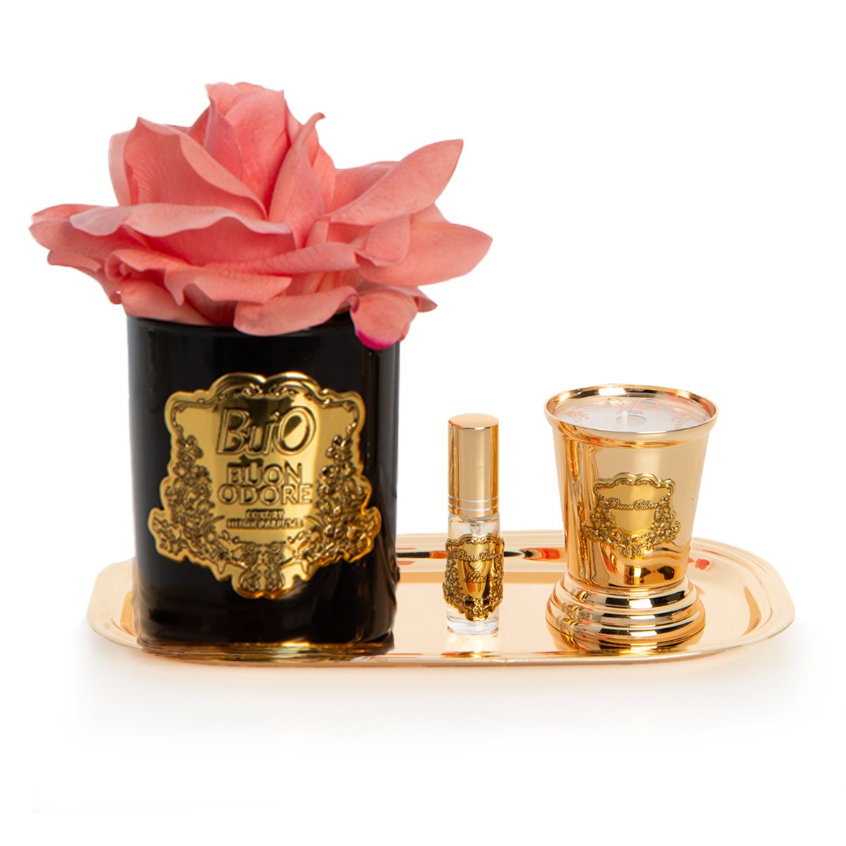 Siyah Cam Gold Pirinç Mum ve Gül Set Luxury Home Perfume - mercan