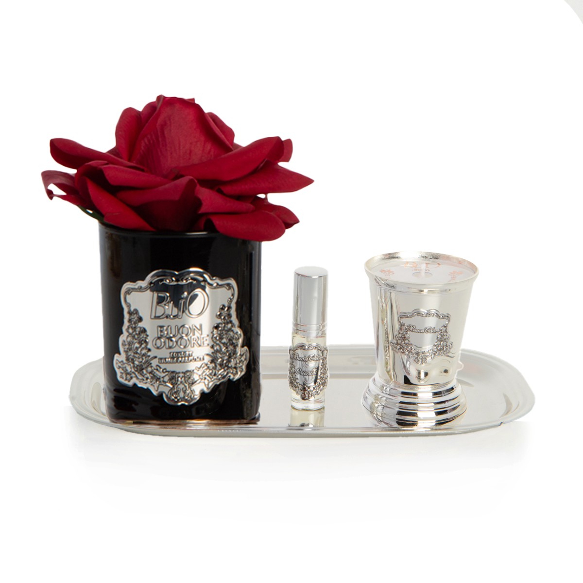 Siyah Silver Pirinç Mum ve Gül Set Luxury Home Perfume - kırmızı