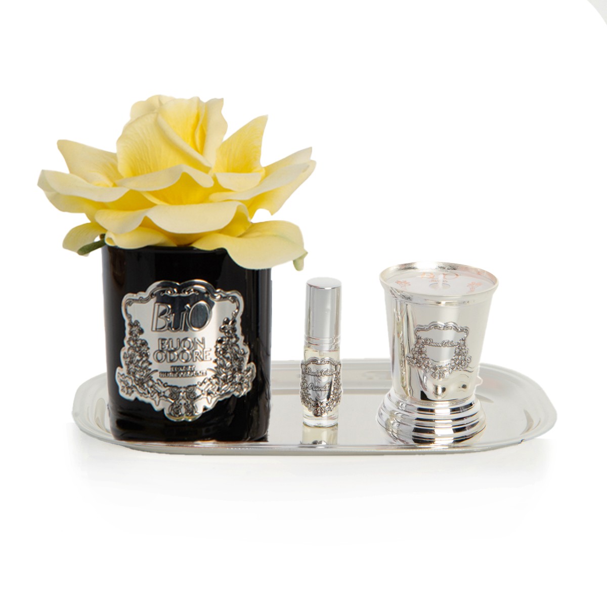 Siyah Silver Pirinç Mum ve Gül Set Luxury Home Perfume - sarı