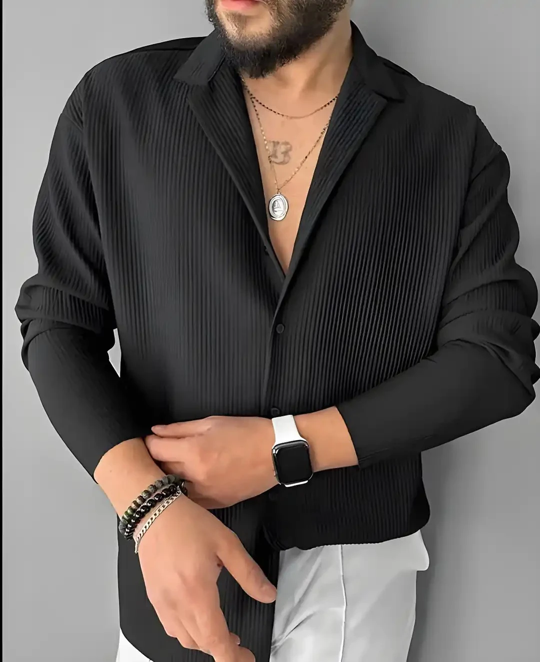 Erkek Siyah Fitilli Kumaş Gömlek 