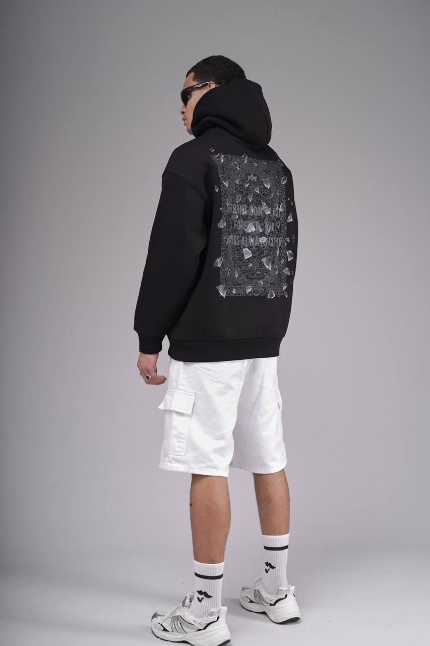 Erkek Siyah Kapşonlu 3 İplik Oversize Sırt Baskı Premium Sweatshirt