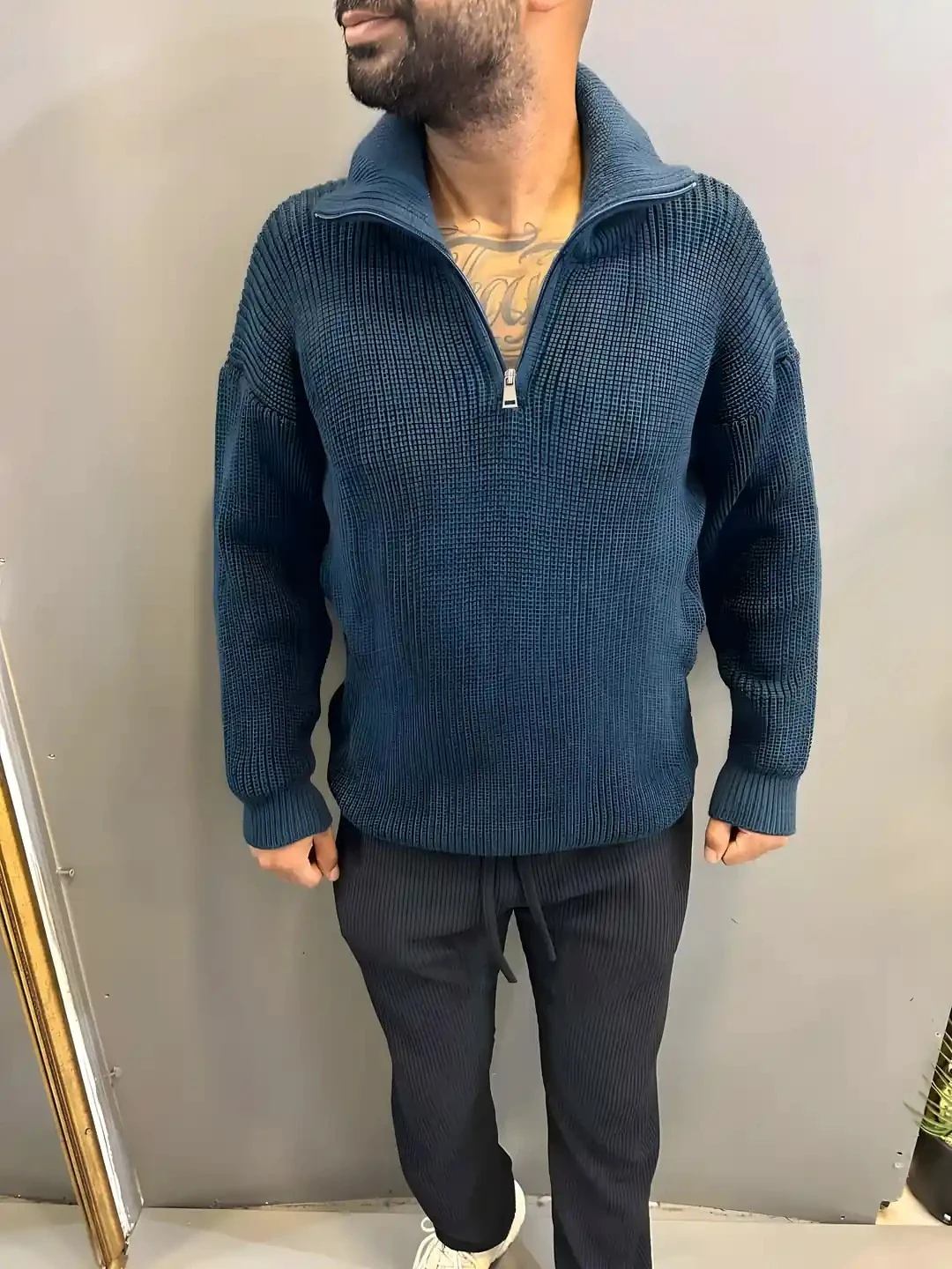 Erkek İndigo Fermuarlı Triko Kazak