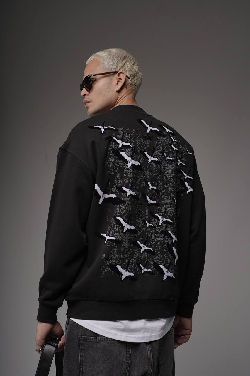 Erkek Siyah KUŞ 3 İplik Oversize Sırt Baskı Premium Sweatshirt